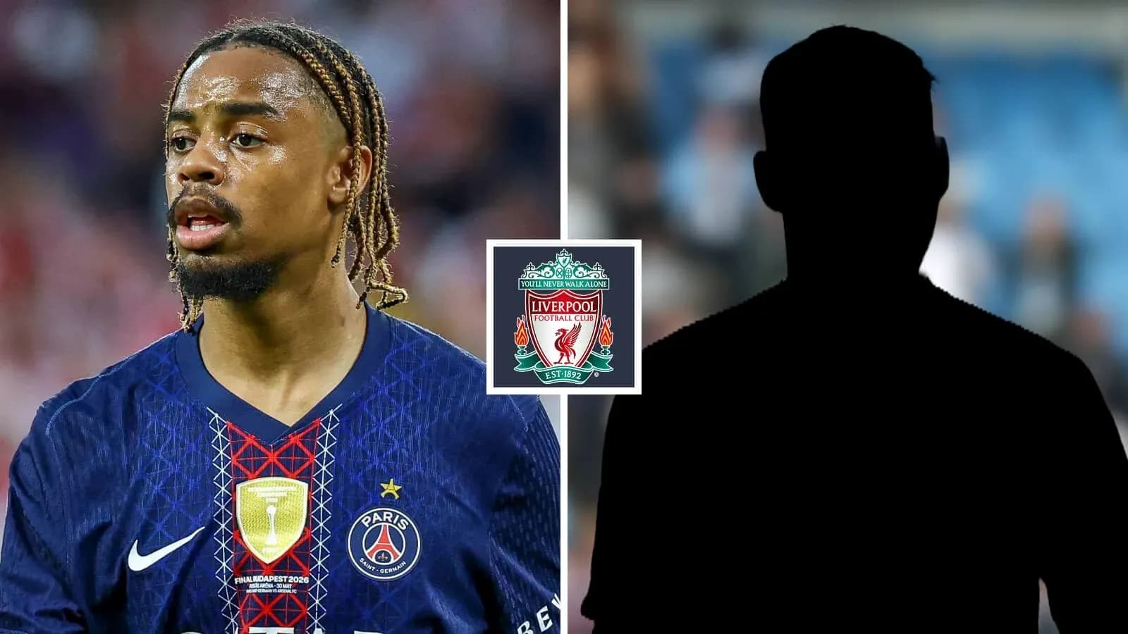 Игрок PSG на фоне логотипа Liverpool и силуэта