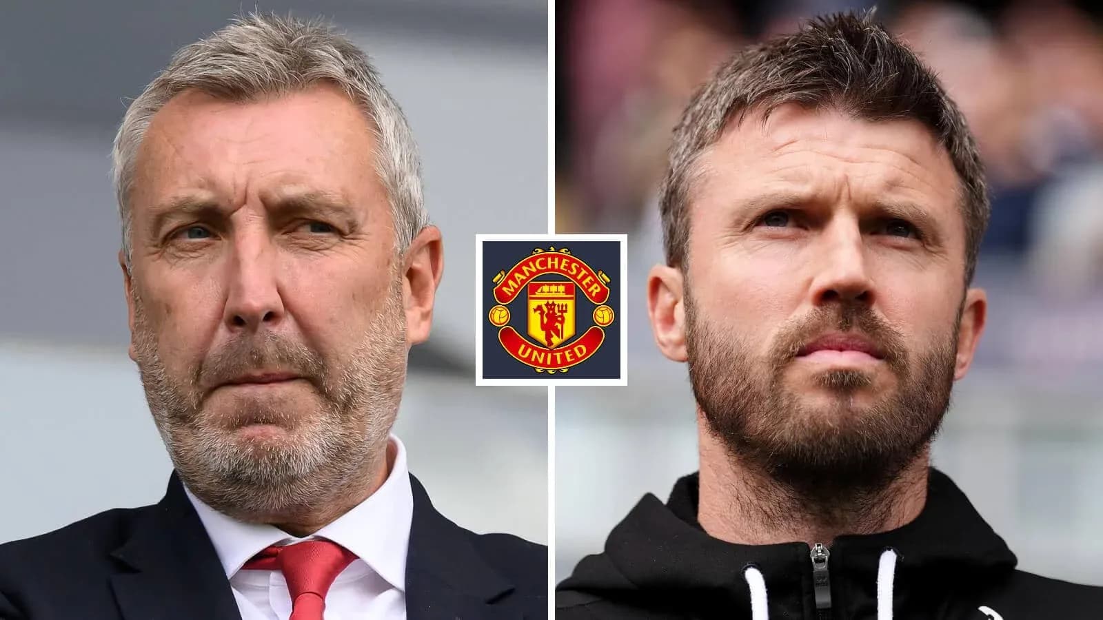 Два тренера на фоне логотипа Manchester United