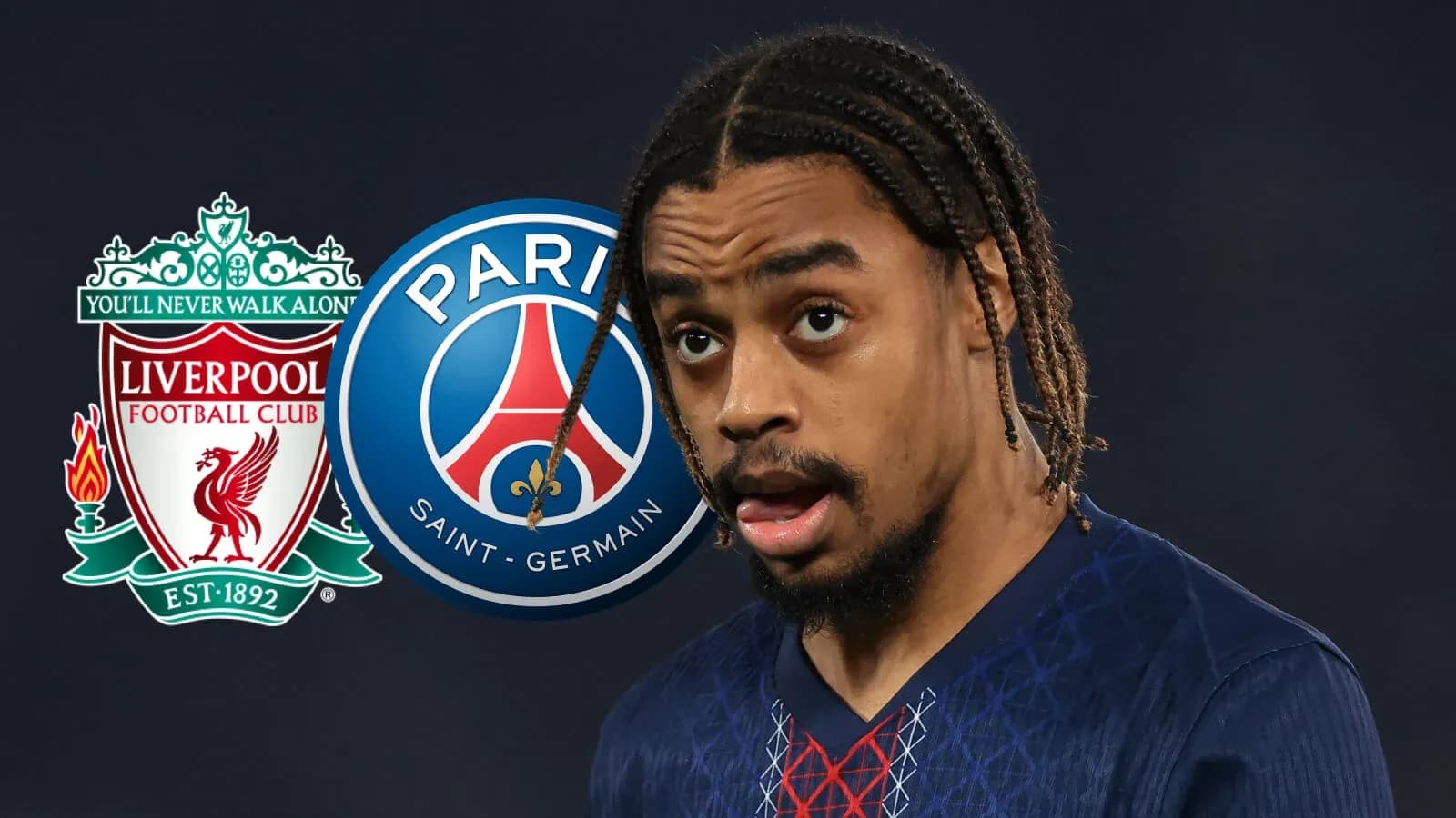Игрок в форме PSG с логотипами Liverpool и PSG