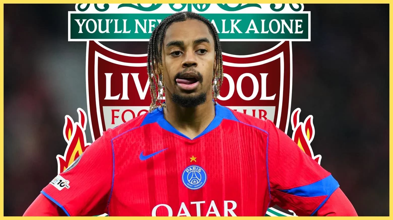 Игрок в форме PSG на фоне логотипа Liverpool