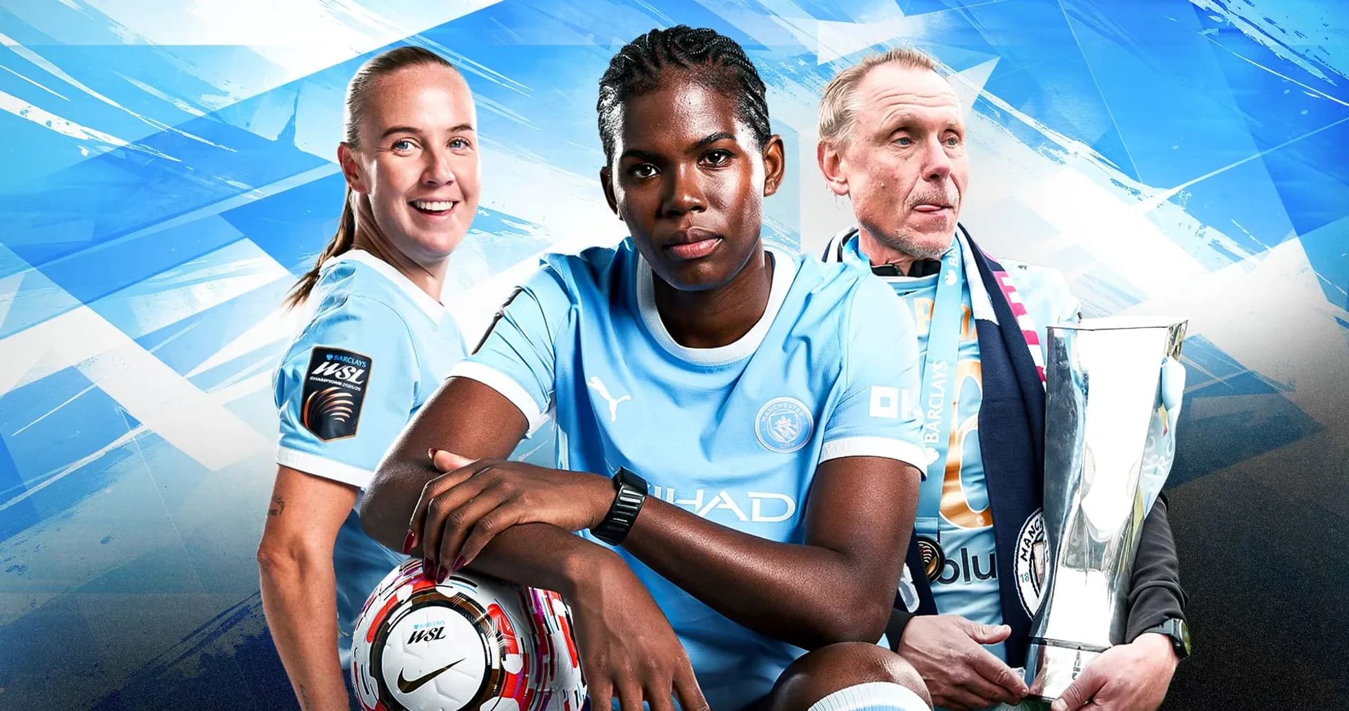 Игроки и тренер Manchester City с трофеем Игроки и тренер Manchester City с трофеем