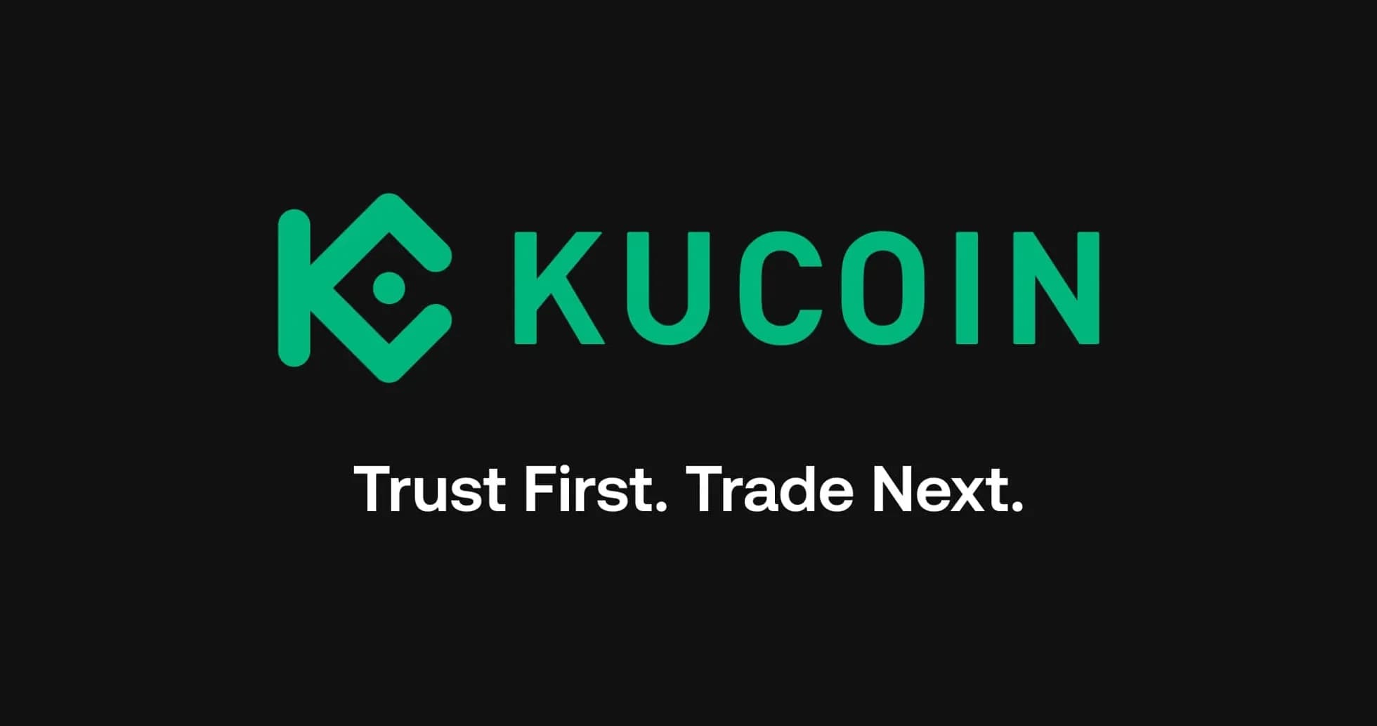 Логотип KuCoin с лозунгом на черном фоне Логотип KuCoin с лозунгом на черном фоне