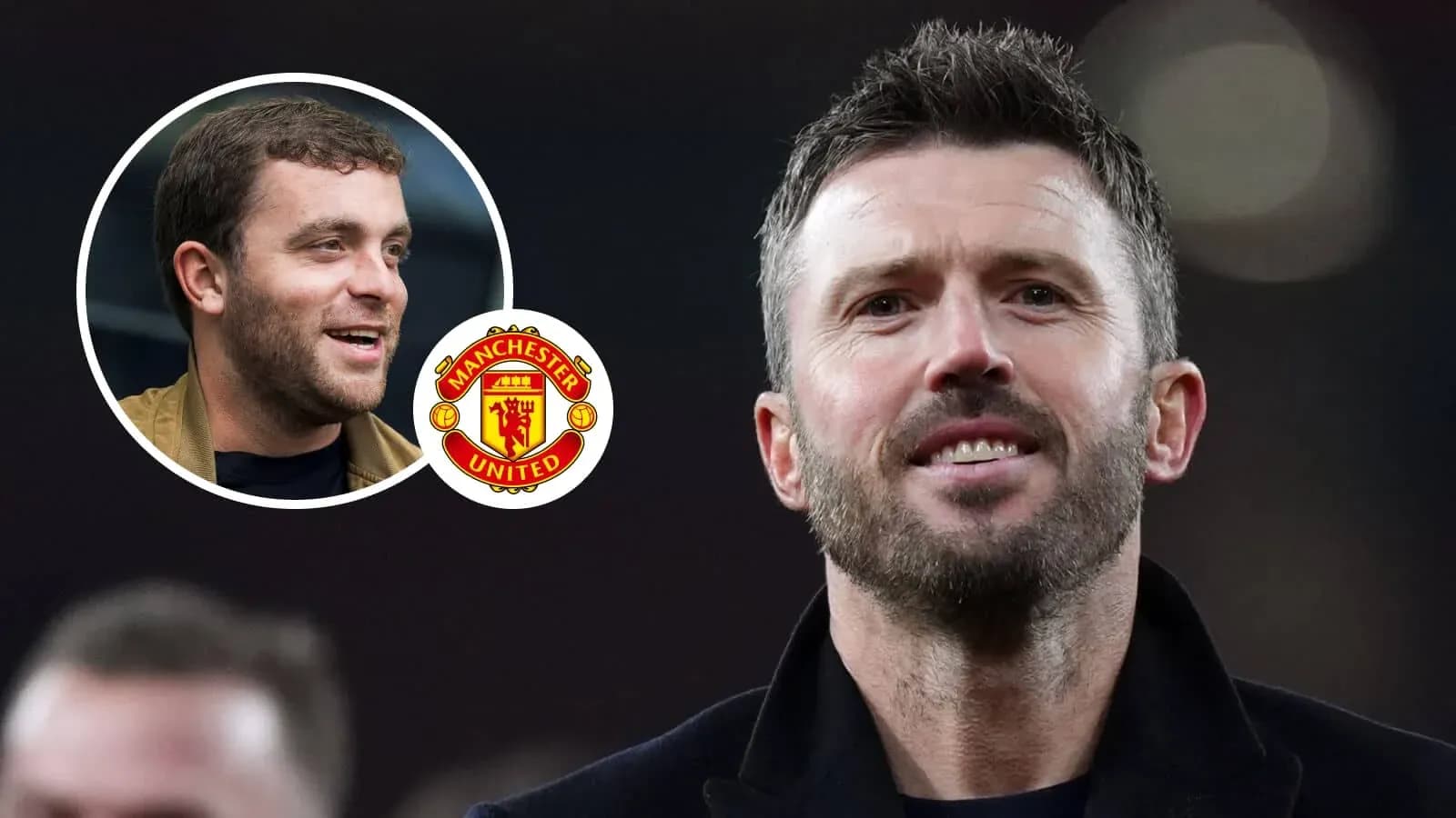 Два человека и логотип Manchester United на фоне Два человека и логотип Manchester United на фоне